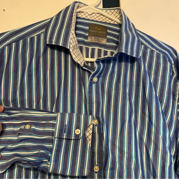 TD Thomas Dean Shirt Mens Size XL‎ Button Front Blue Striped Collared - Picture 1 of 6